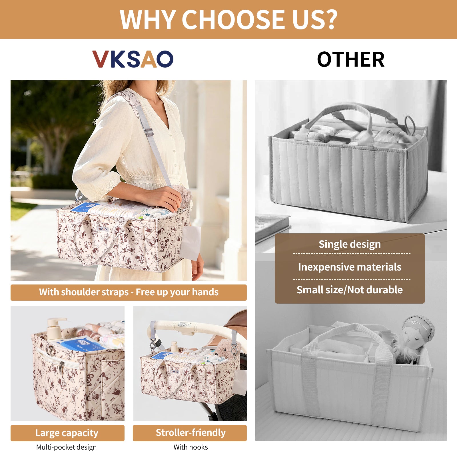 VKSAO Cute Cartoon Animal Prints Baby Diaper Caddy Organizer, Diaper Bag Storage Basket for Newborn Essentials Must Haves Baby Shower Gifts, Black White Large