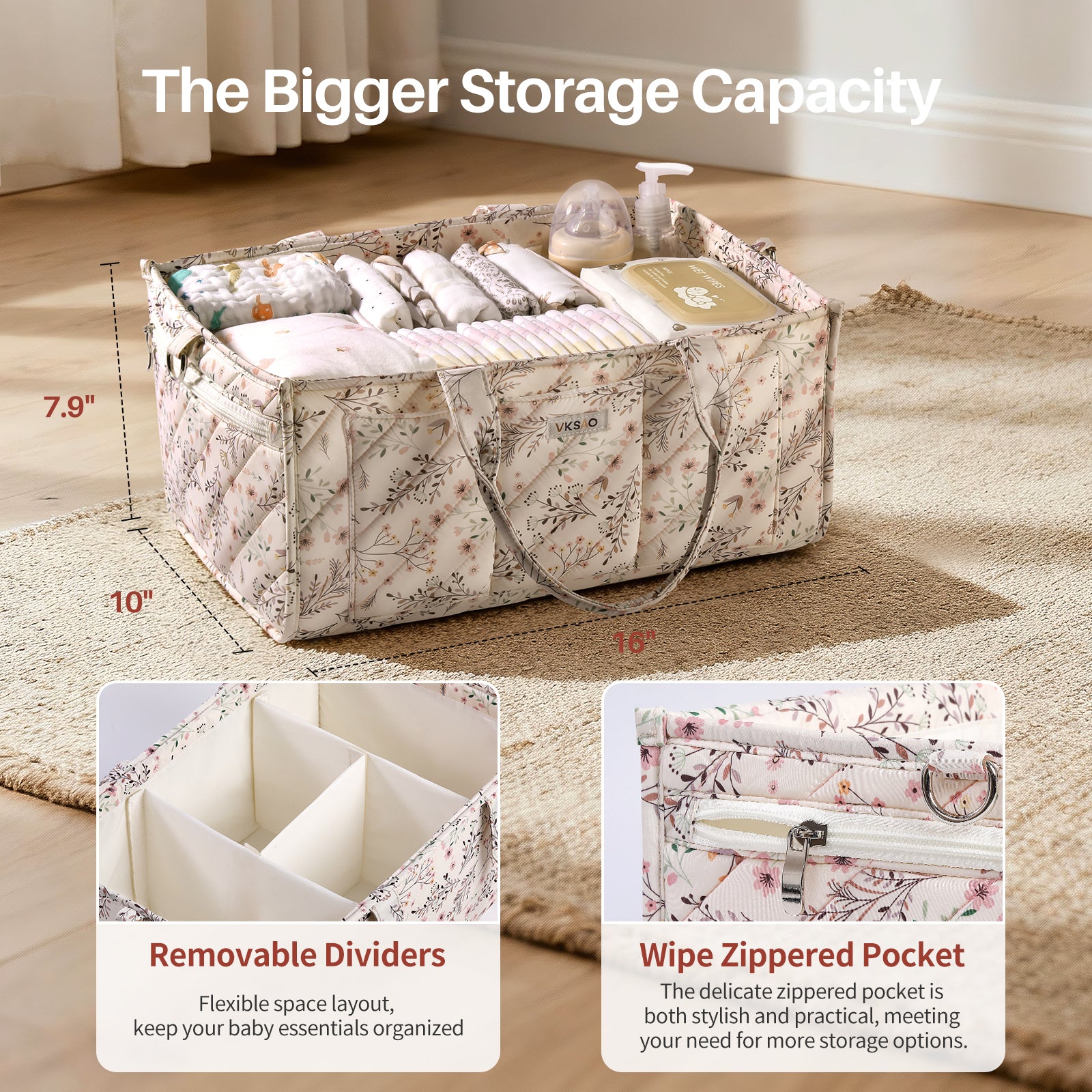 Baby Diaper Caddy with zipper pocket, Nursery Must Haves - Baby Shower Basket Gifts - Nursery Storage Bin and Car Organizer for Diapers and Baby Wipes Essentials, Multi-Functional