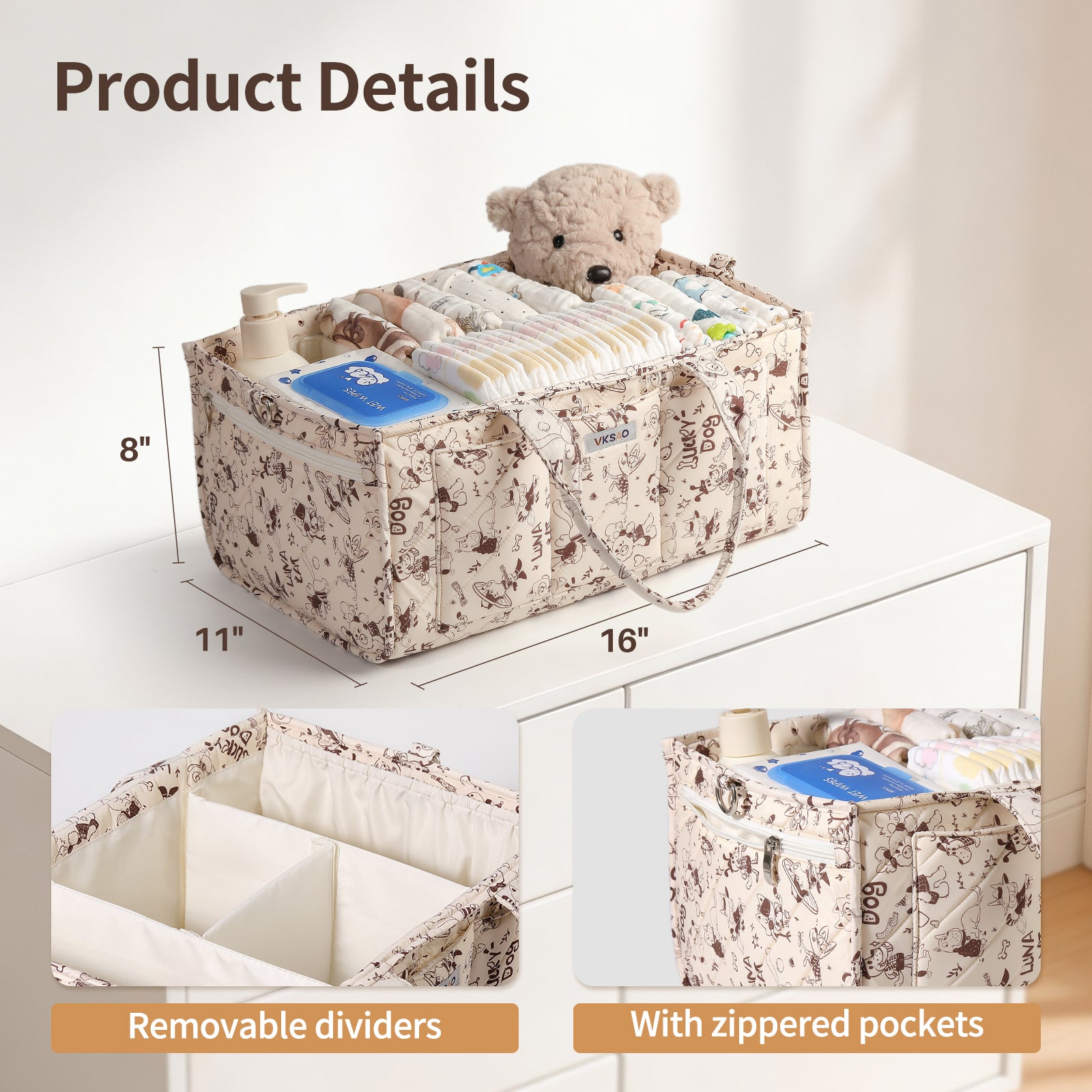 VKSAO Cute Cartoon Animal Prints Baby Diaper Caddy Organizer, Diaper Bag Storage Basket for Newborn Essentials Must Haves Baby Shower Gifts, Black White Large